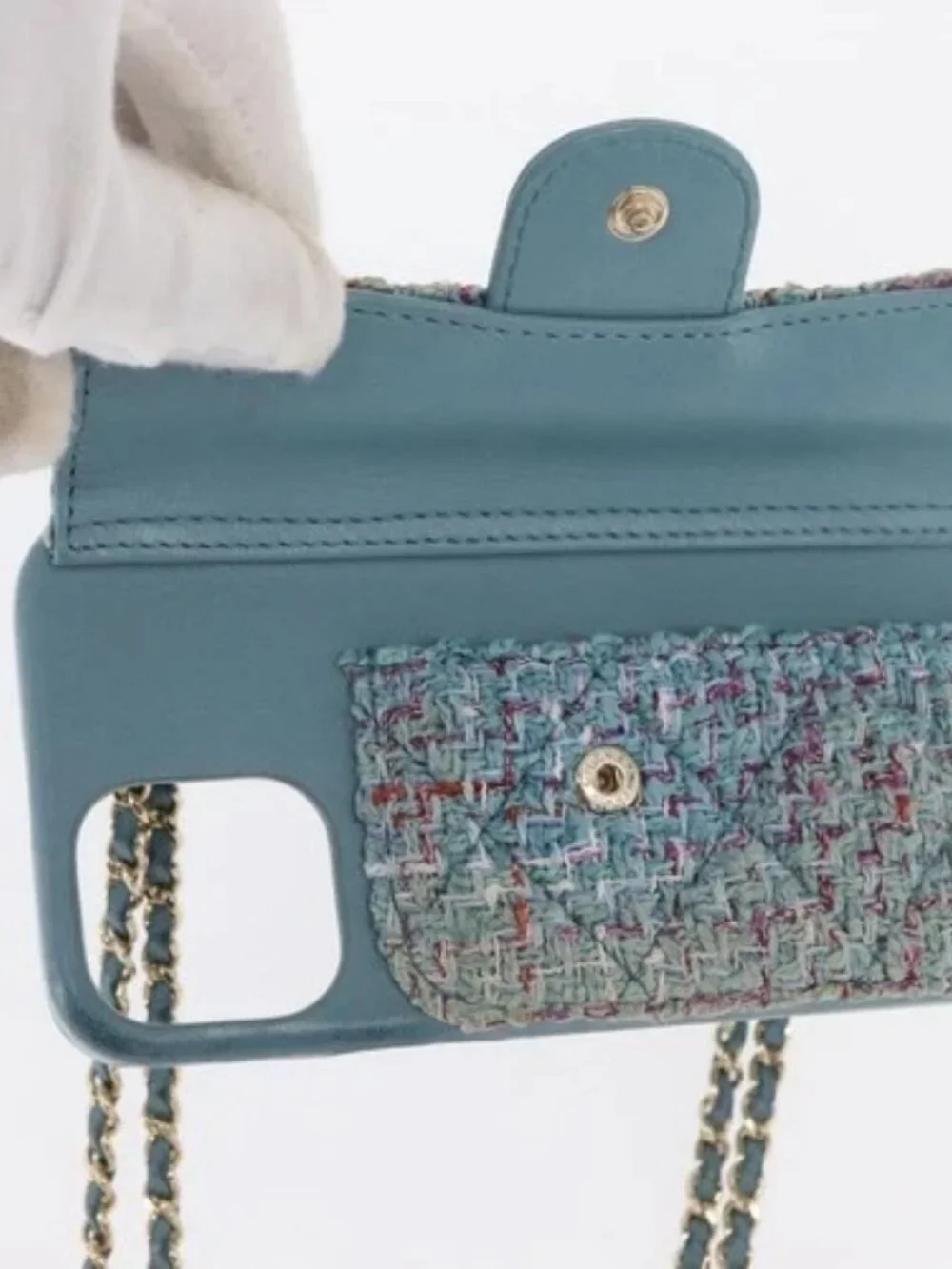 CHANEL iPhone Case Tweed Light Blue CC Auth bs32870